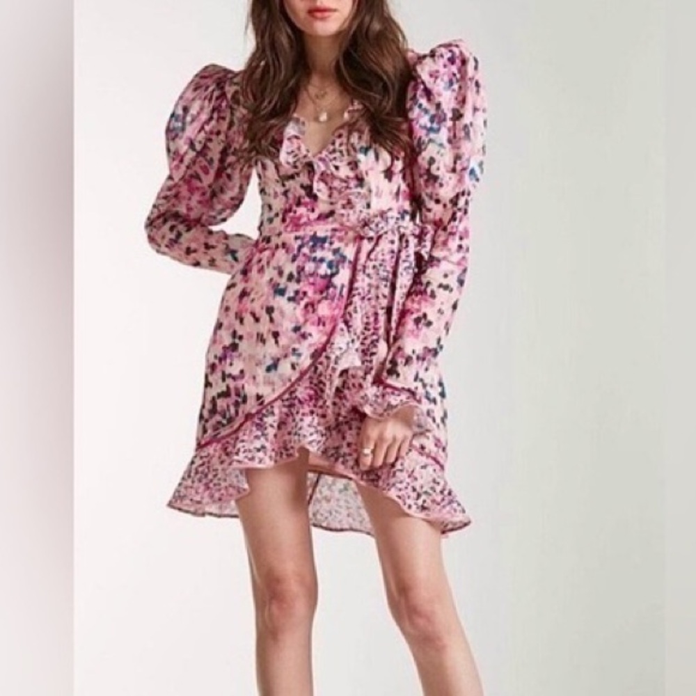 Rococo Sand Women's Pink Spring Print Ruffle Trim Mimi Wrap Dress S